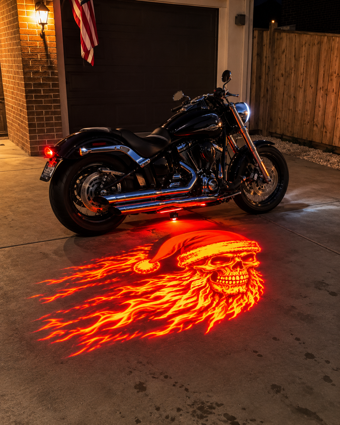 Red flaming Santa skull projected under a black cruiser motorcycle at night