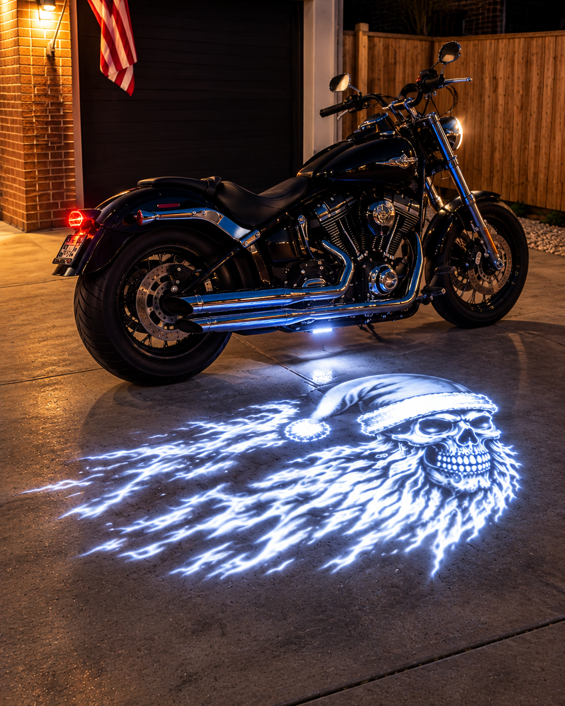 White Santa skull projection under a motorcycle at night
